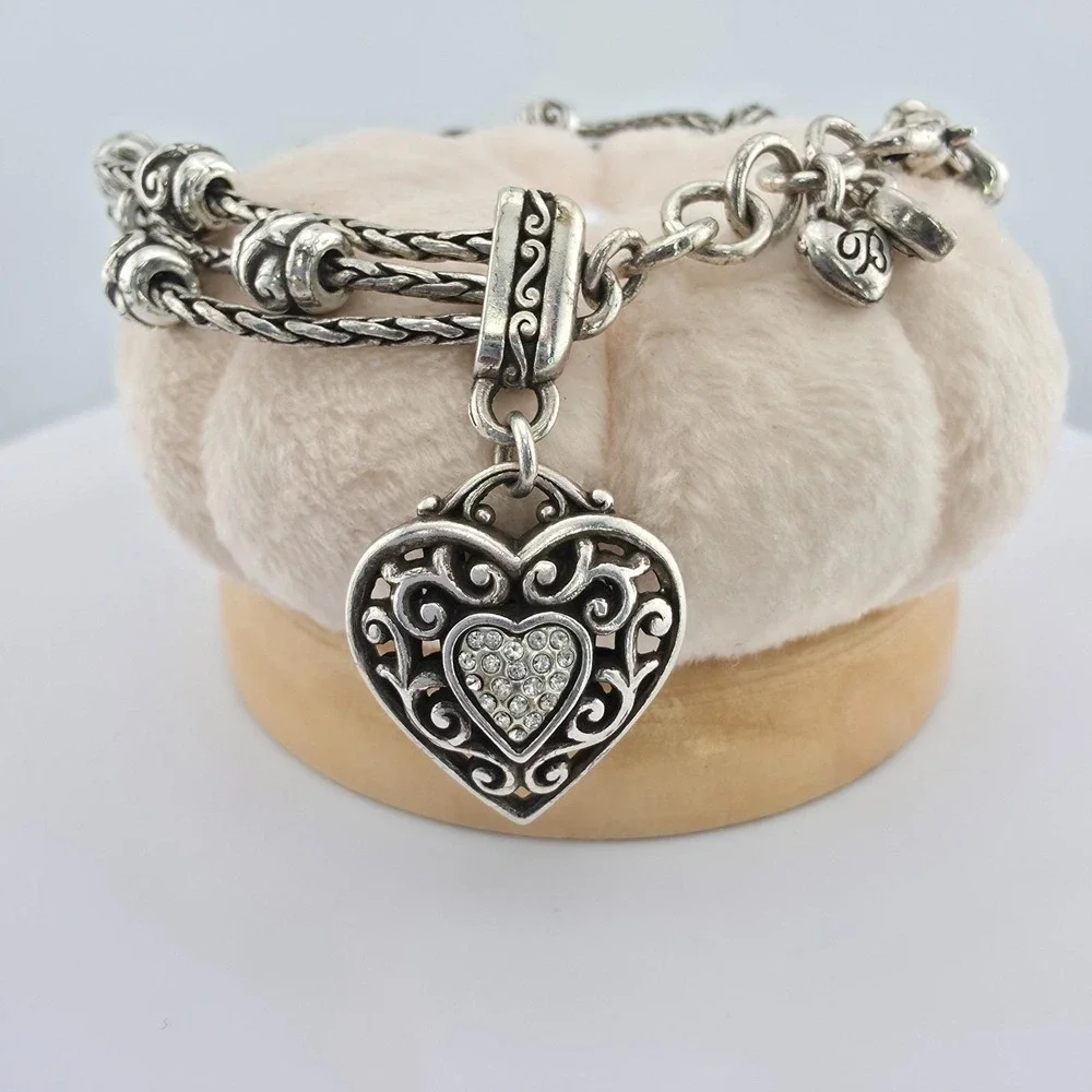 BRIGHTON 'Reno Heart' Charm Bracelet Pavé Crystals Scrollwork Silver Plate 7.5